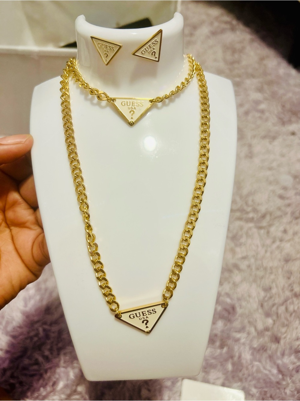 Guess Gold-Tone Triangle Logo Necklace & Stud Earrings Set